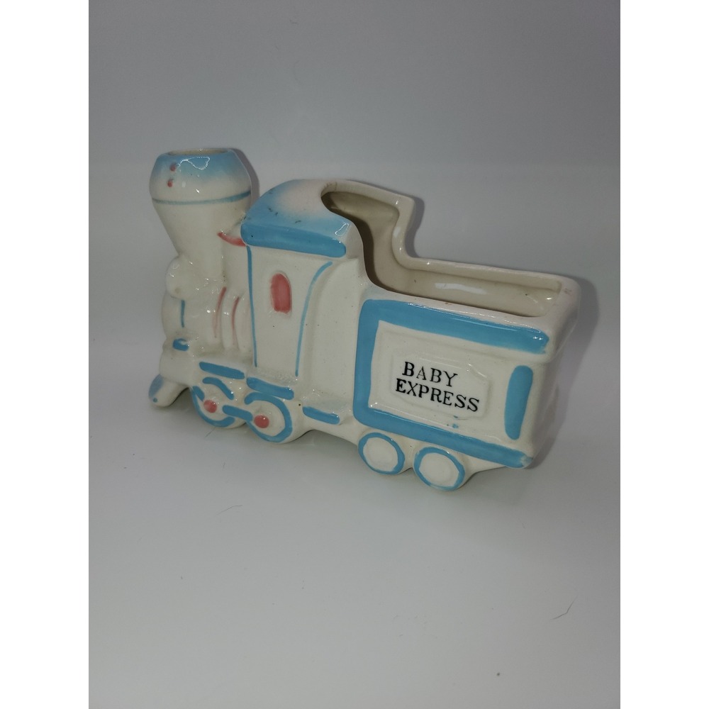 Vintage Relpo Baby Express Train Planter Ceramic Blue White Nursery Decor Japan